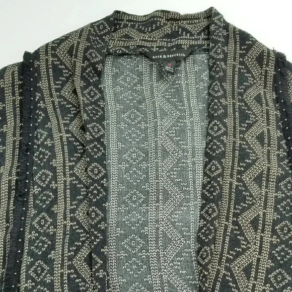 Rock & Republic Medium Womens Buttonless Black Brown Pattern Fringe Short Sleeve - Picture 4 of 8